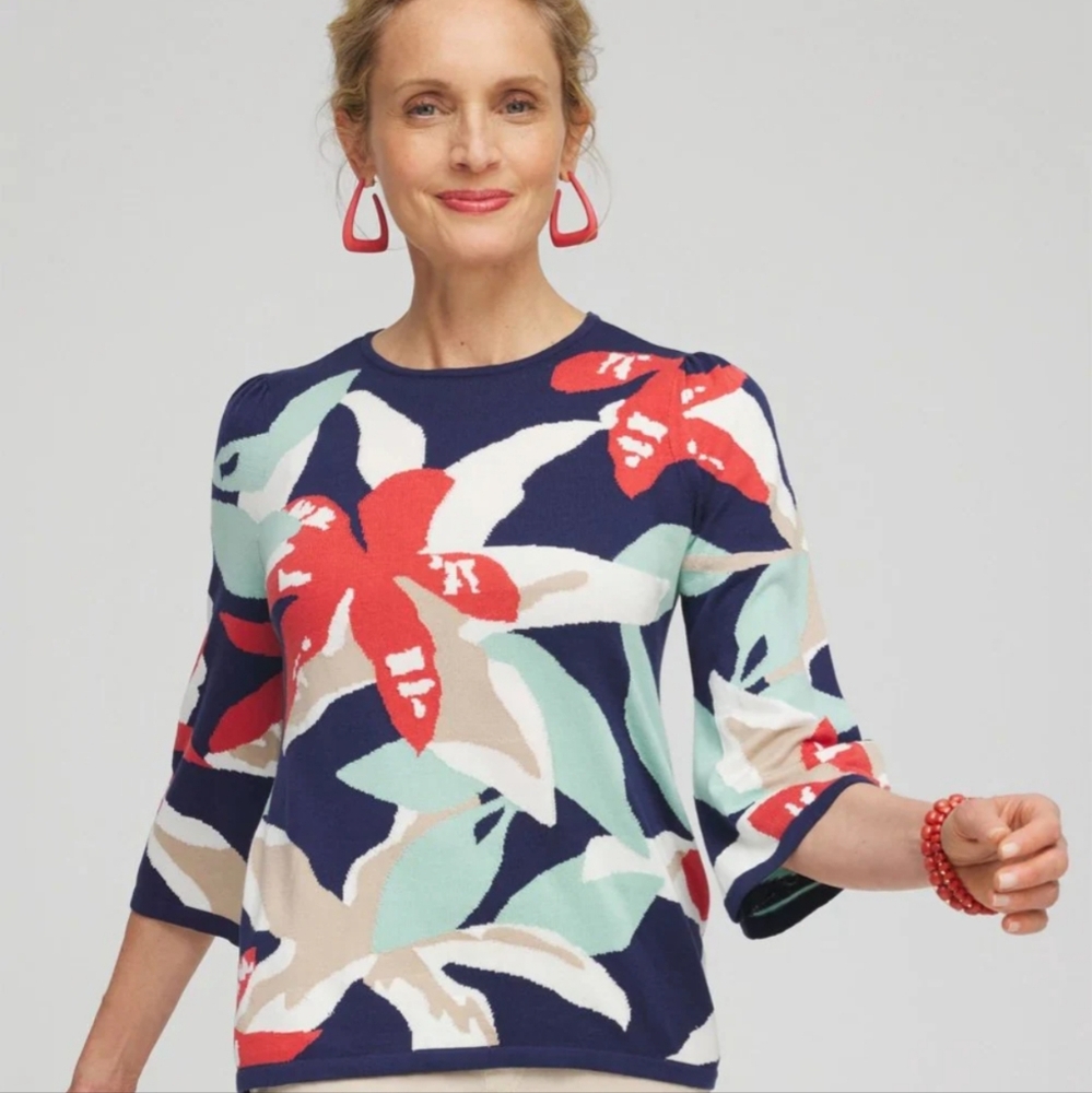 Chico's Floral Intarsia Pullover Sweater
